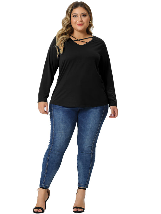 Women Plus Size Top Cross V Neck Casual Long Sleeves T-shirt