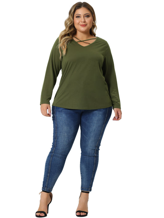 Women Plus Size Top Cross V Neck Casual Long Sleeves T-shirt