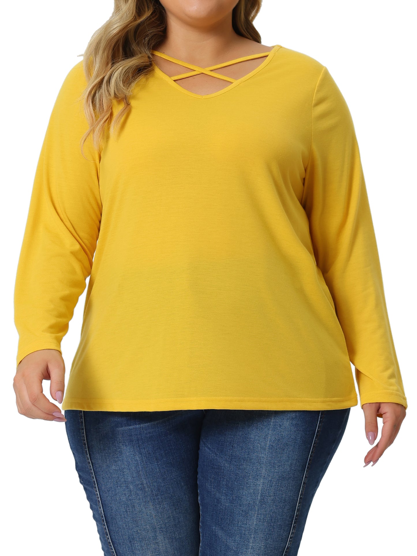 Women Plus Size Top Cross V Neck Casual Long Sleeves T-shirt