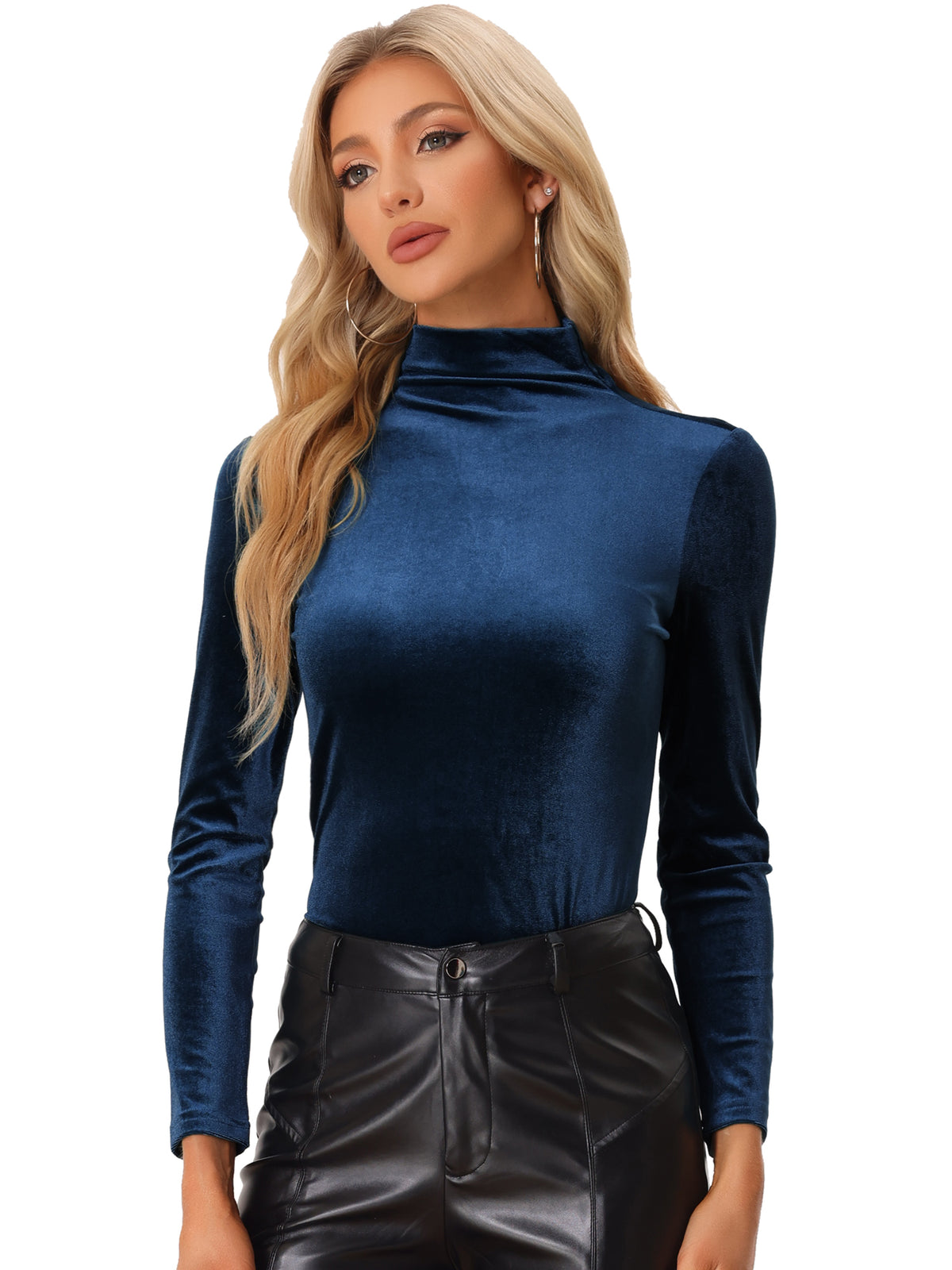 Women's Long Sleeve Shirt Mock Neck Velvet Turtleneck Blouse Tops