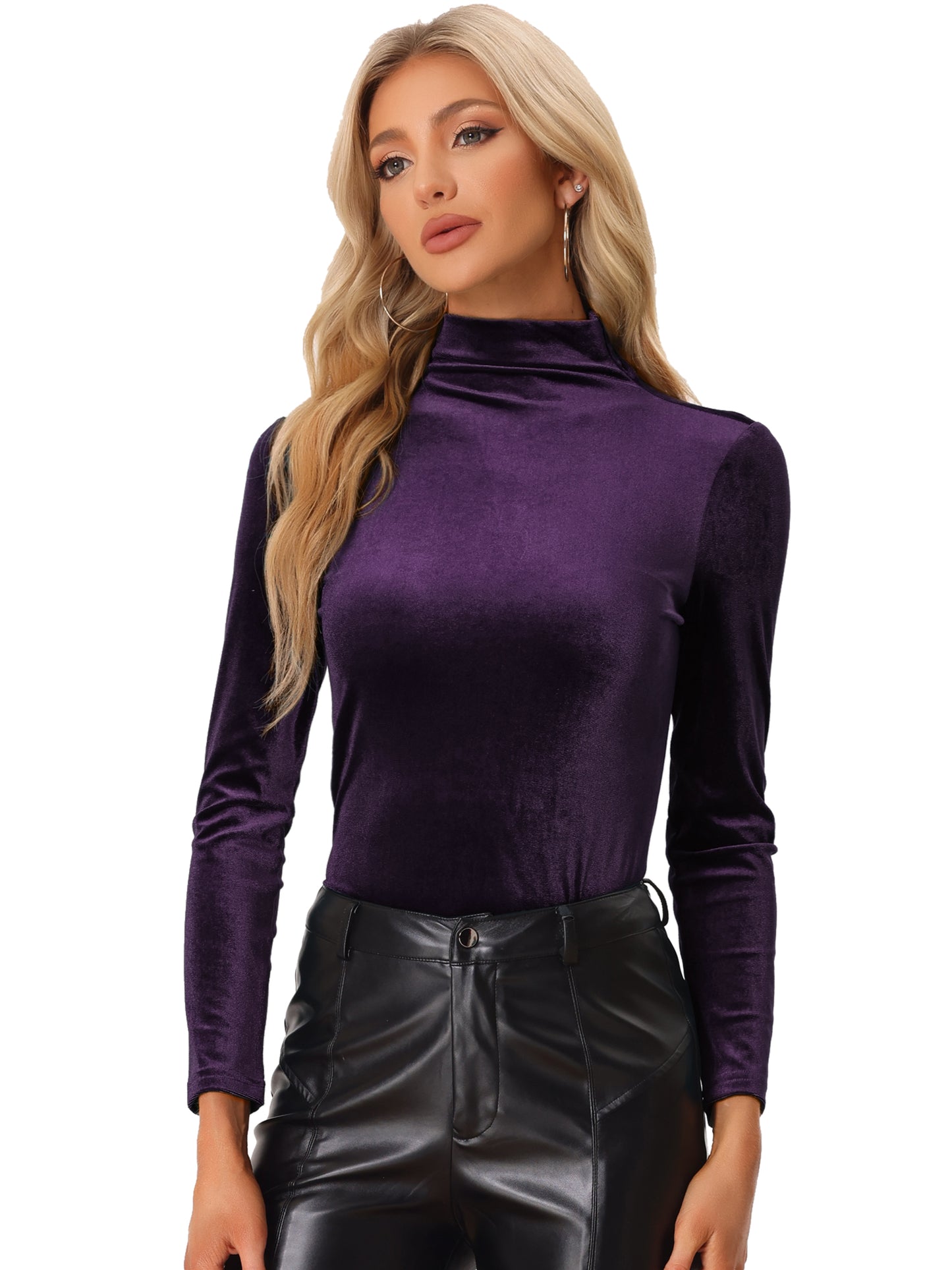 Women's Long Sleeve Shirt Mock Neck Velvet Turtleneck Blouse Tops