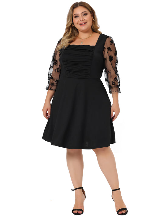 Women Plus Size Dresses Square Neck Floral Mesh Long Sleeves Evening Party Dress