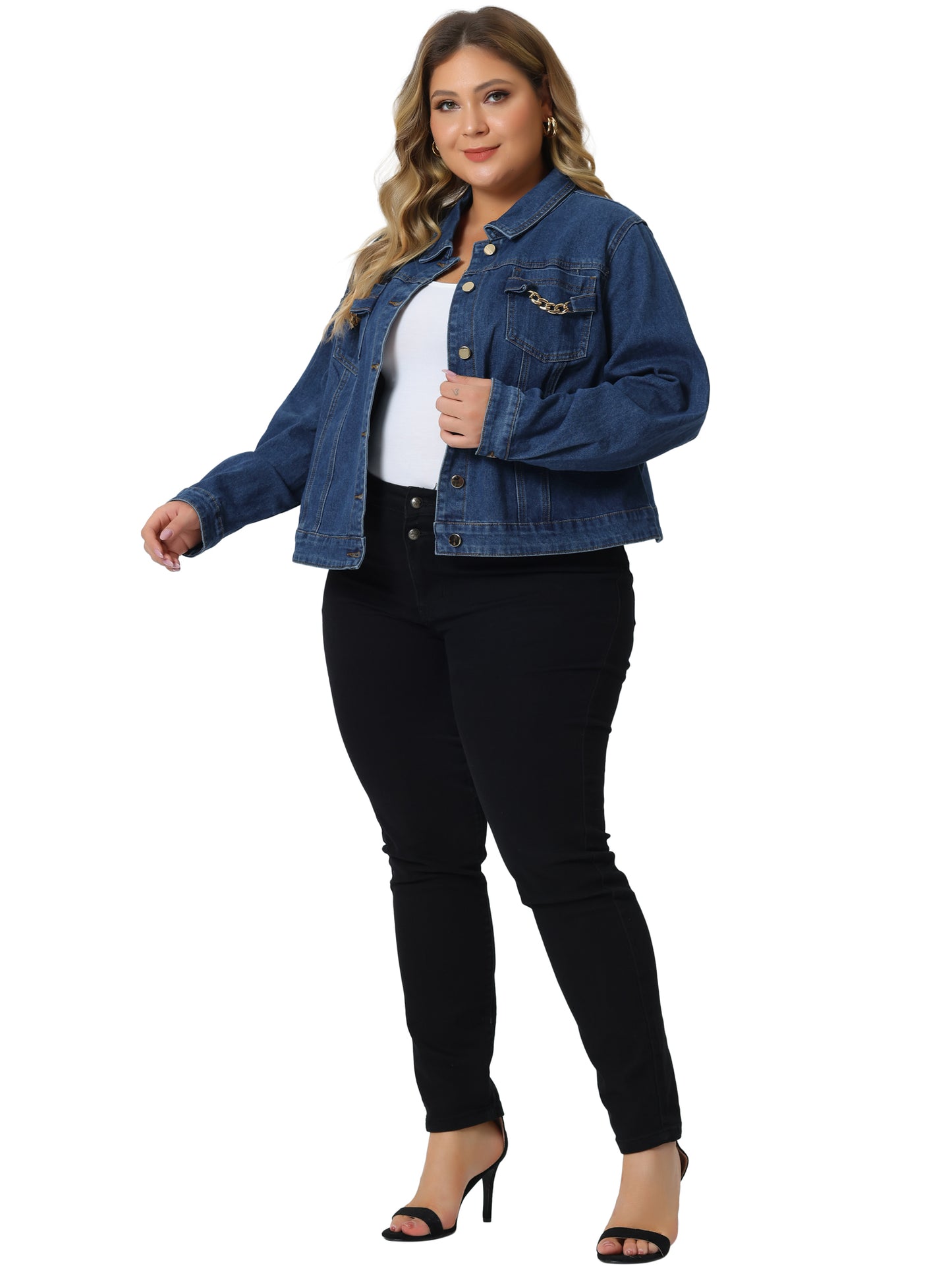 Women Plus Size Denim Jacket Long Sleeves Button Down Cropped Jean Jacket