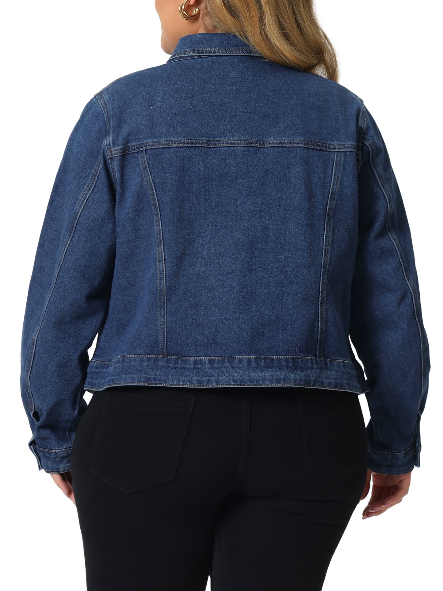 Women Plus Size Denim Jacket Long Sleeves Button Down Cropped Jean Jacket