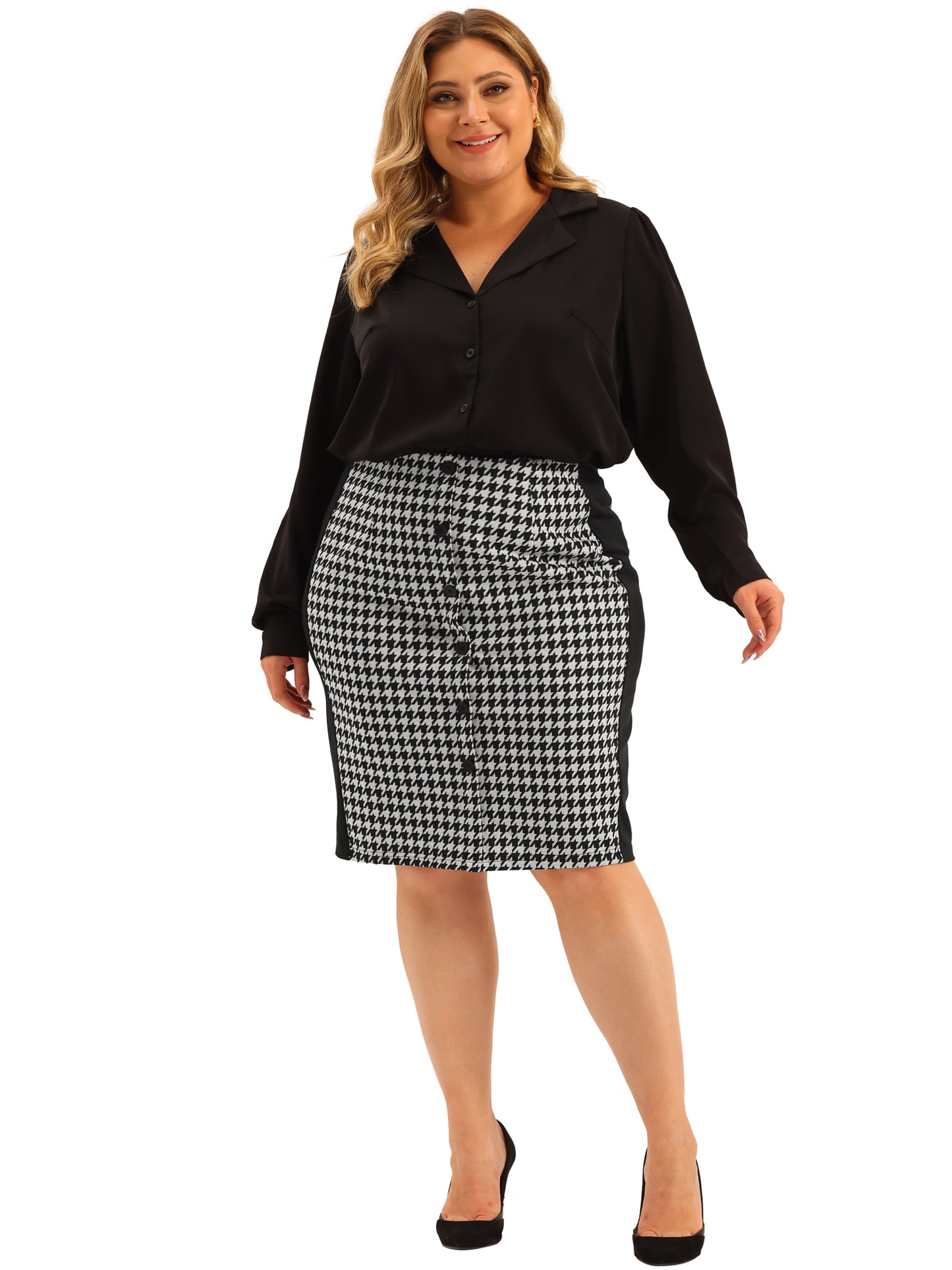 Women Plus Size Pencil Skirt Work Houndstooth Pattern Slim Knee Skirt