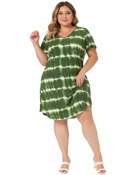 Women Plus Size Tie Dye Summer V Neck Short Sleeve Casual Dresses