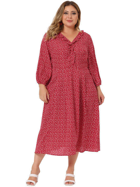 Vestido informal de talla grande para mujer, con mangas 3/4, escote en forma de corazón, estampado midi y volantes