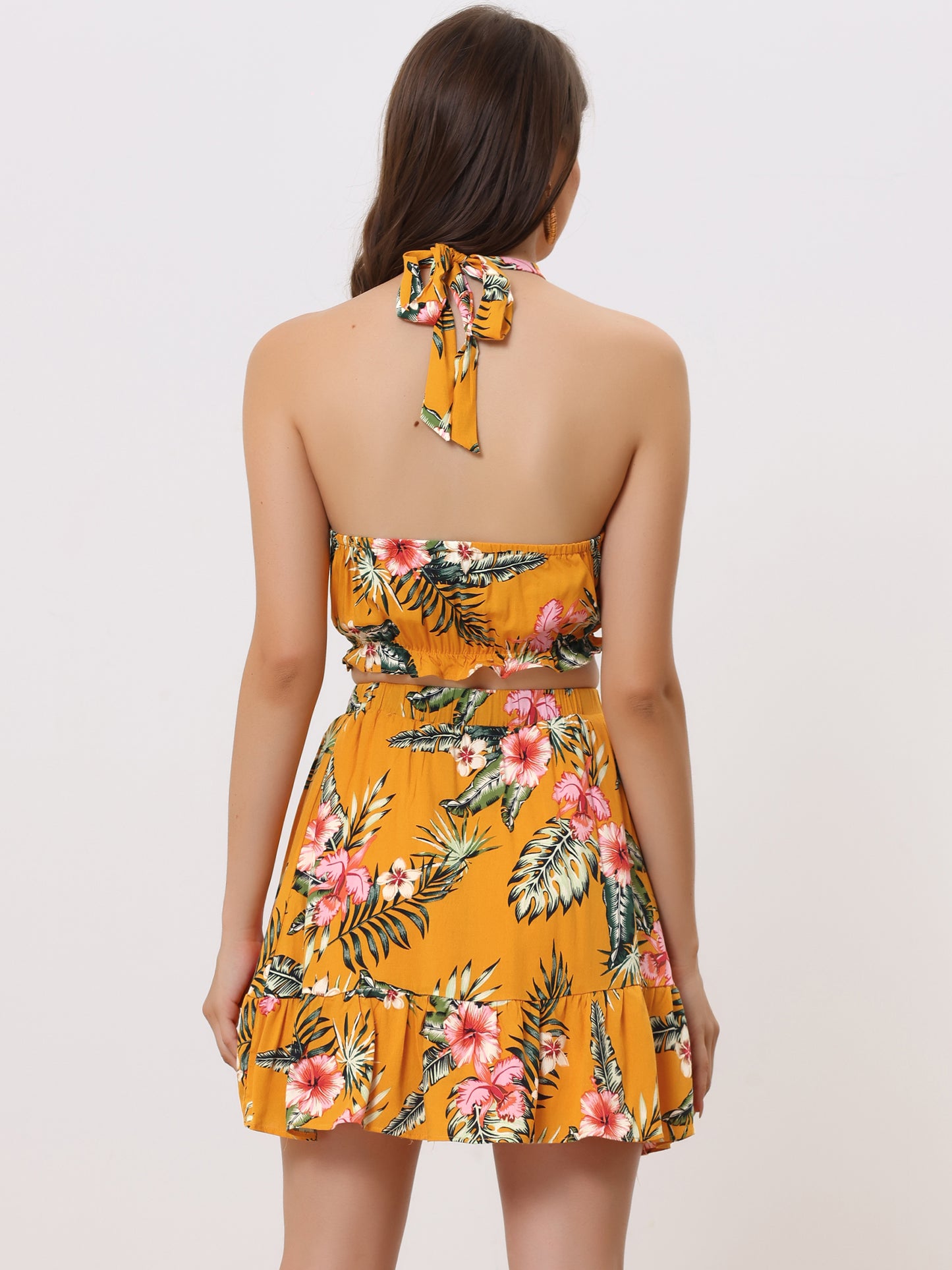Women's 2 Piece Floral Halter Neck Sleeveless Crop Top with Short Skirt Set