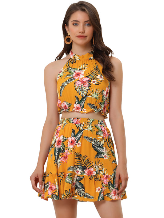 Women's 2 Piece Floral Halter Neck Sleeveless Crop Top with Short Skirt Set