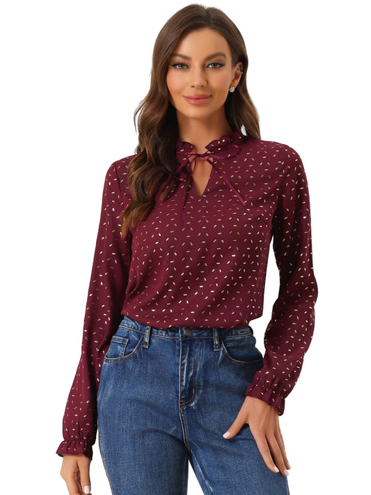 Women's Bow Tie Neck Blouse Ruffled Collar Printed Long Sleeve Top