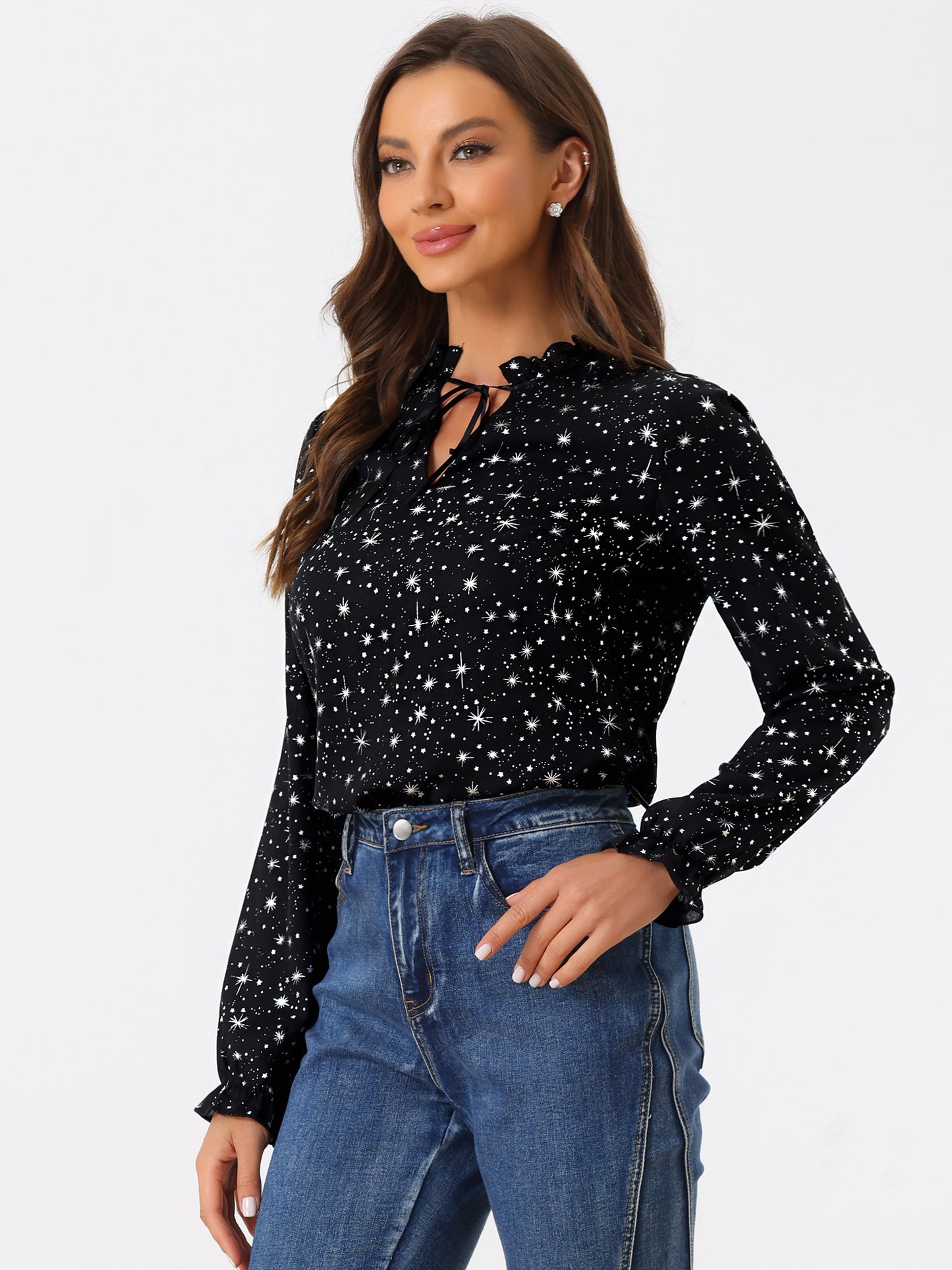 Women's Bow Tie Neck Blouse Ruffled Collar Printed Long Sleeve Top