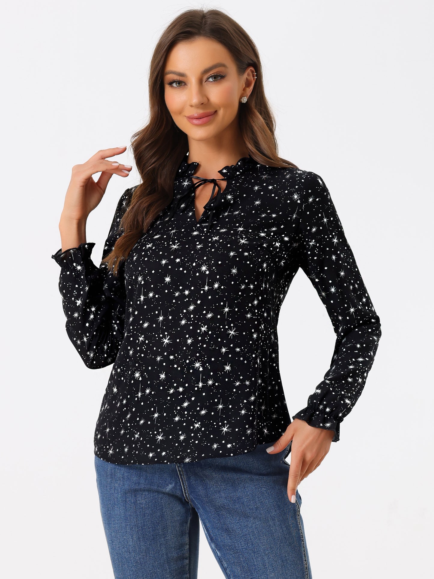 Women's Bow Tie Neck Blouse Ruffled Collar Printed Long Sleeve Top