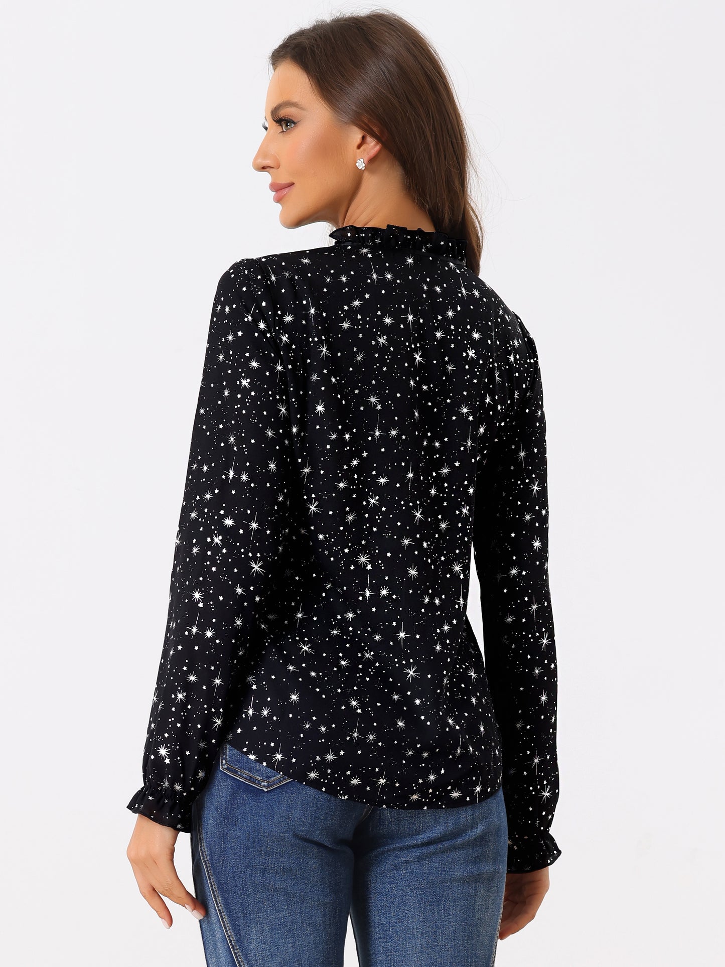 Women's Bow Tie Neck Blouse Ruffled Collar Printed Long Sleeve Top