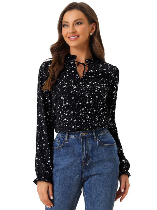 Women's Bow Tie Neck Blouse Ruffled Collar Printed Long Sleeve Top