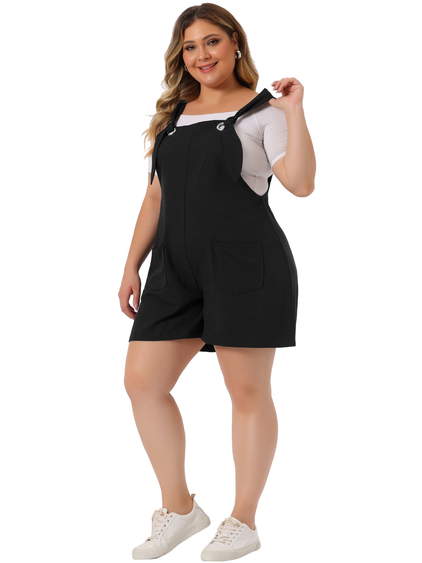 Women's Plus Size Sleeveless Square Neck Tie Shoulder Romper Shorts