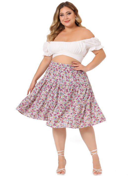 Women's Plus Size Summer Floral A-Line Stretch High Waist Tiered Skirt