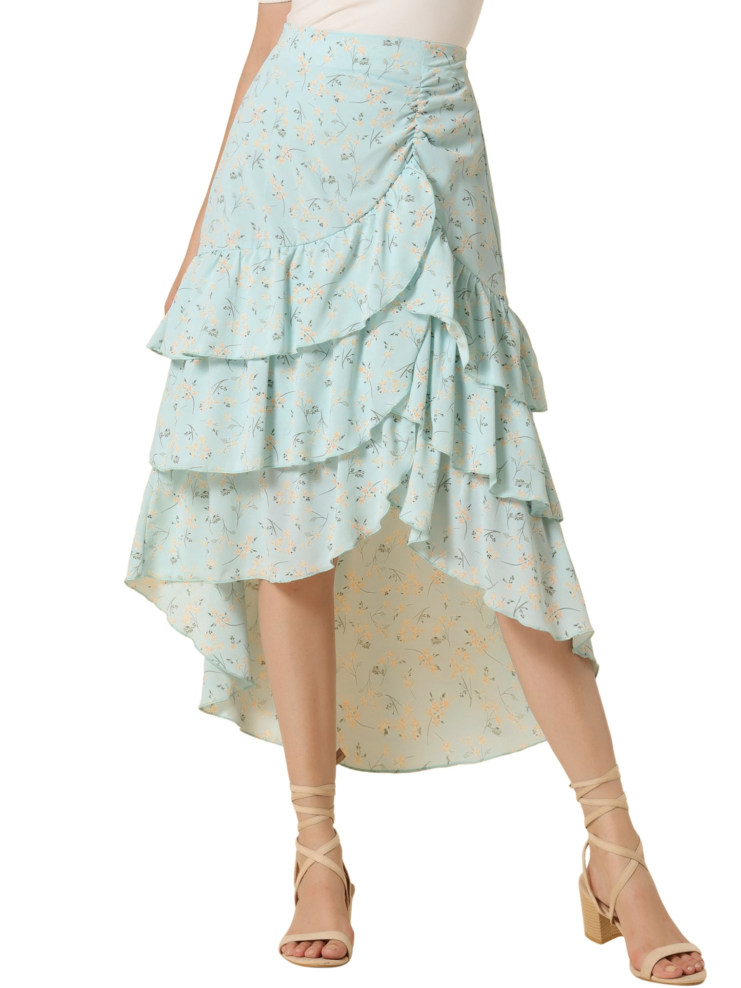 Women's Floral Maxi Skirts Elastic Waist Layered Ruffle High Low Hem Long Skirt