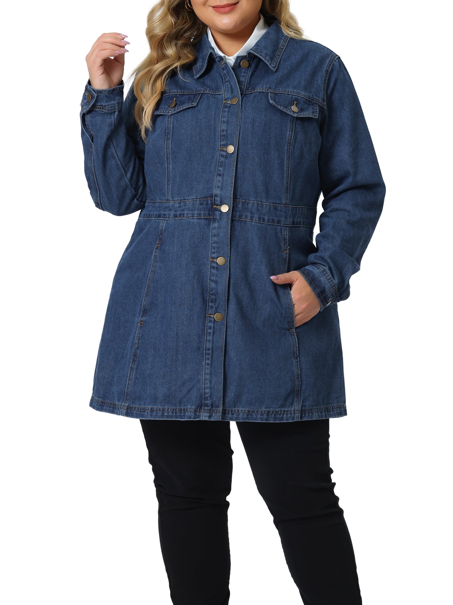Women Plus Size Denim Jacket Buttons Long Sleeve Jean Jacket