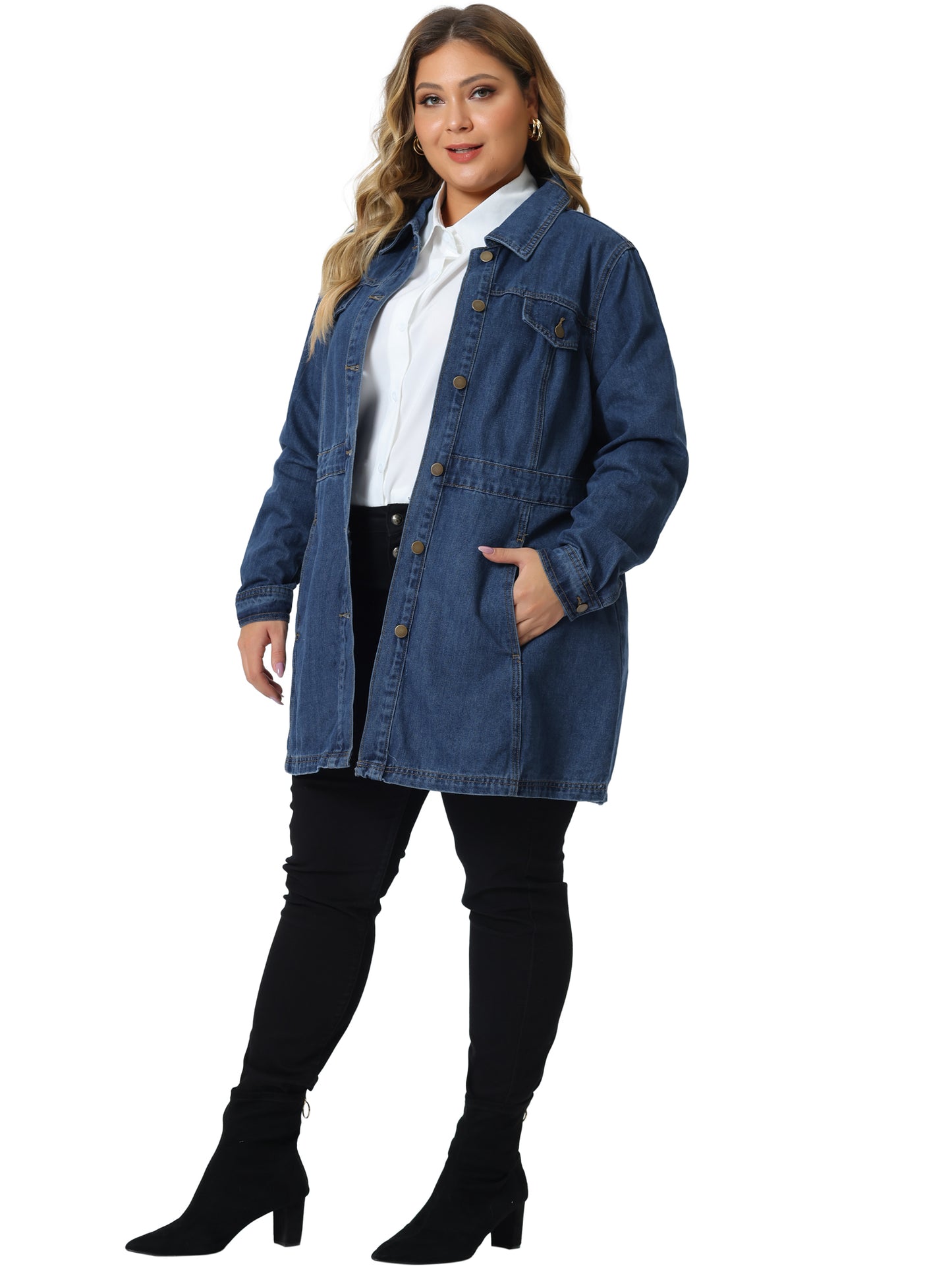 Women Plus Size Denim Jacket Buttons Long Sleeve Jean Jacket