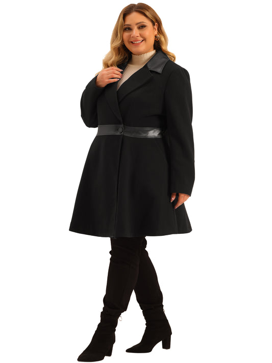 Gabardina larga de piel con solapa con muescas y botonadura sencilla para mujer, talla grande