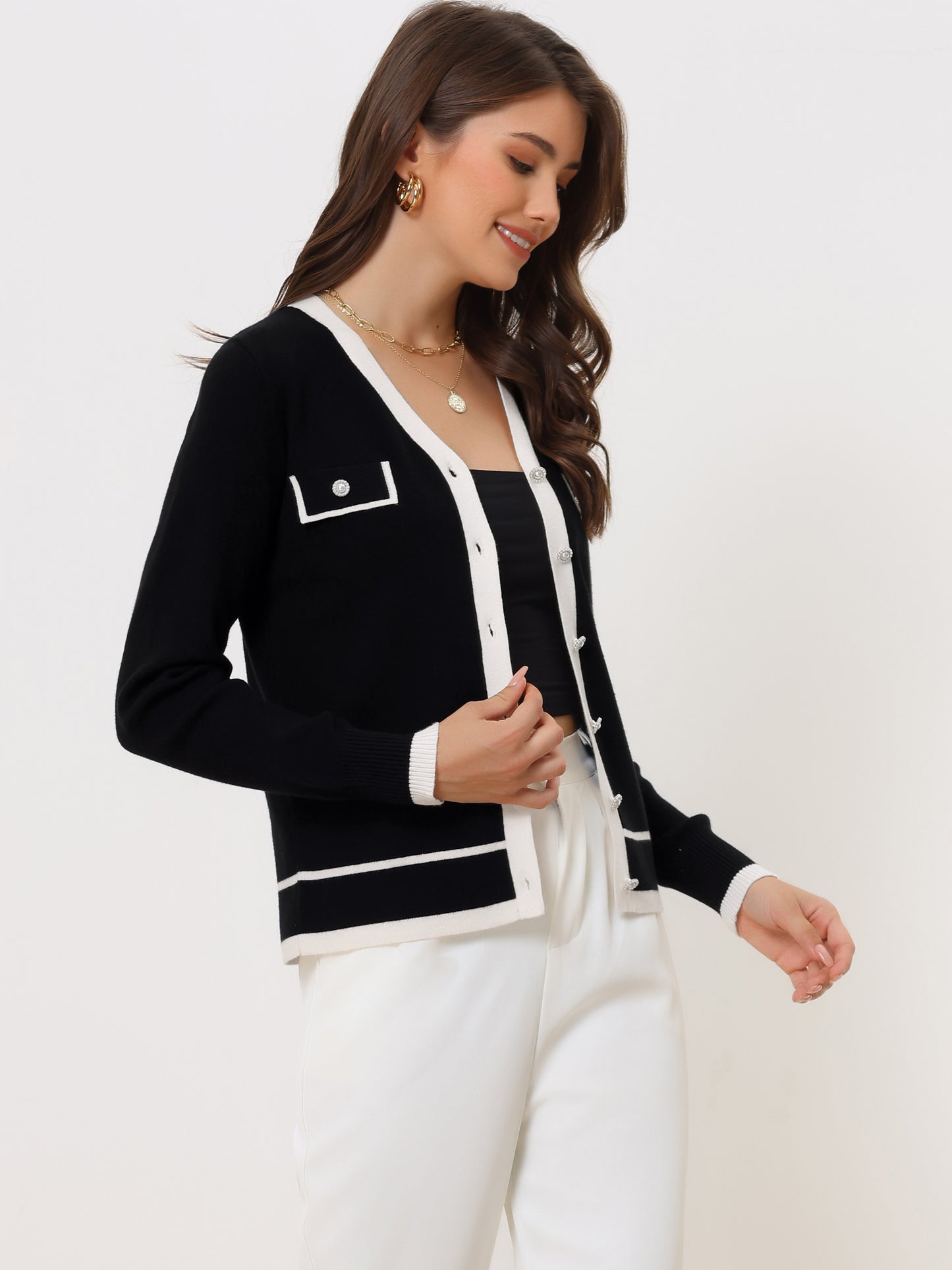 Cárdigan de punto con botones para mujer, cuello en V, manga larga y contraste de colores