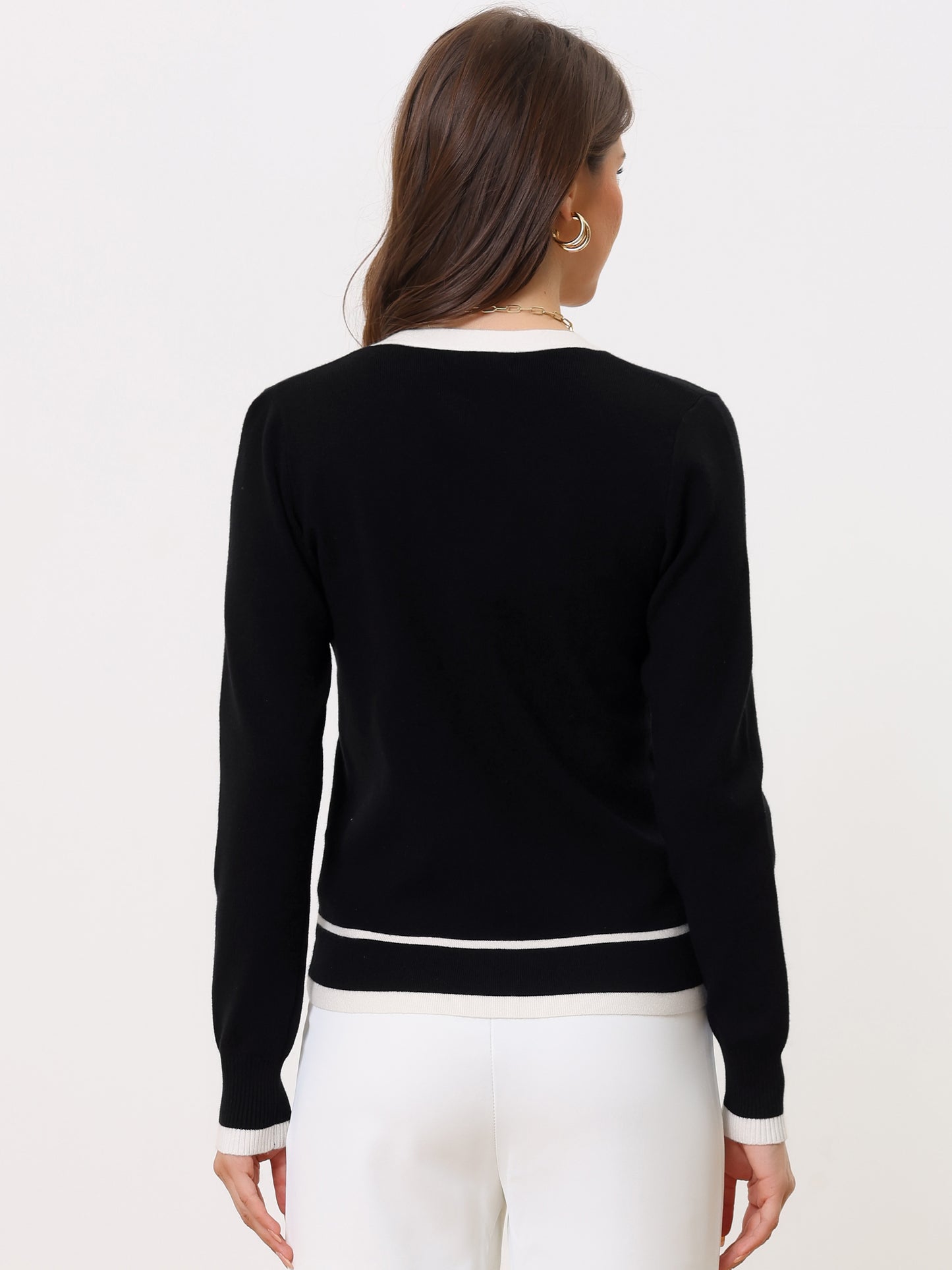 Cárdigan de punto con botones para mujer, cuello en V, manga larga y contraste de colores