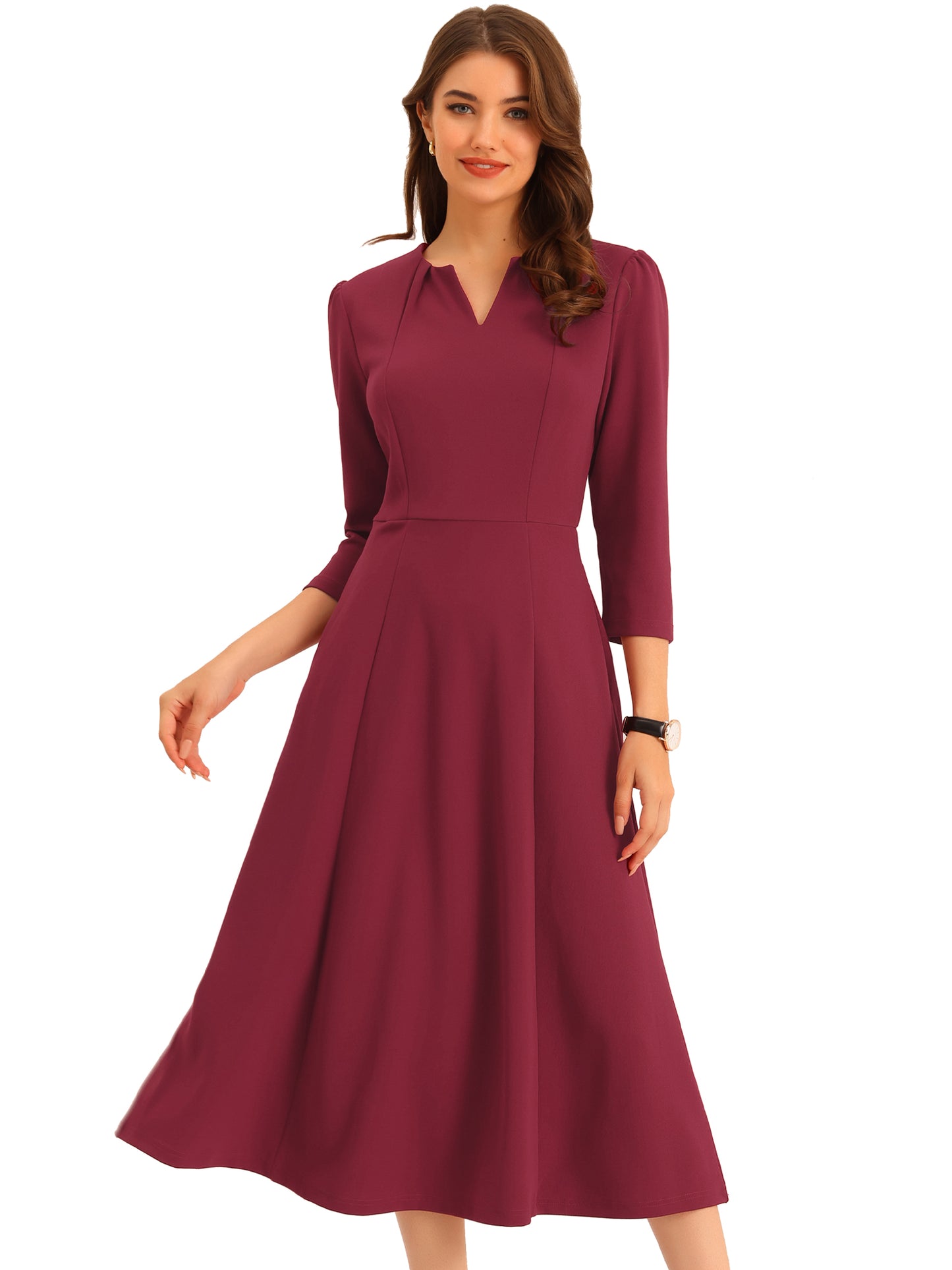 Women's 3/4 Sleeve Dresses V Neck Pockets Elegant Work Business Spring Fall A-Line Midi Dress (Available in Plus Size)