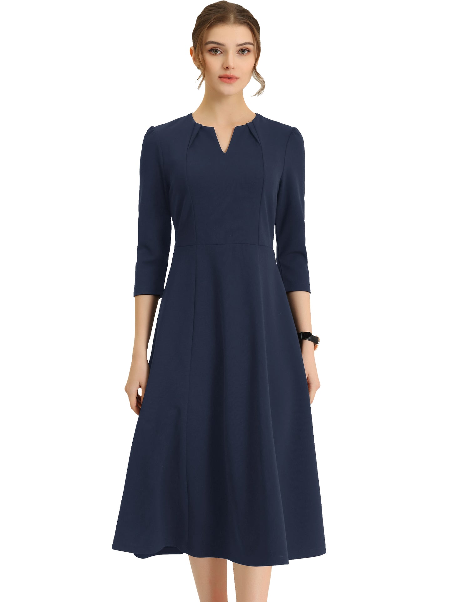 Women's 3/4 Sleeve Dresses V Neck Pockets Elegant Work Business Spring Fall A-Line Midi Dress (Available in Plus Size)