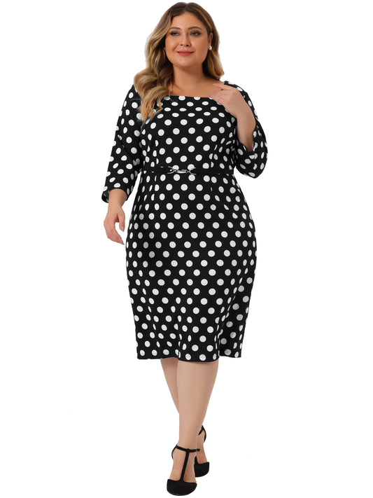 Women Plus Size 1950s Retro Dress 3/4 Sleeve Polka Dots Bodycon Cocktail Dress