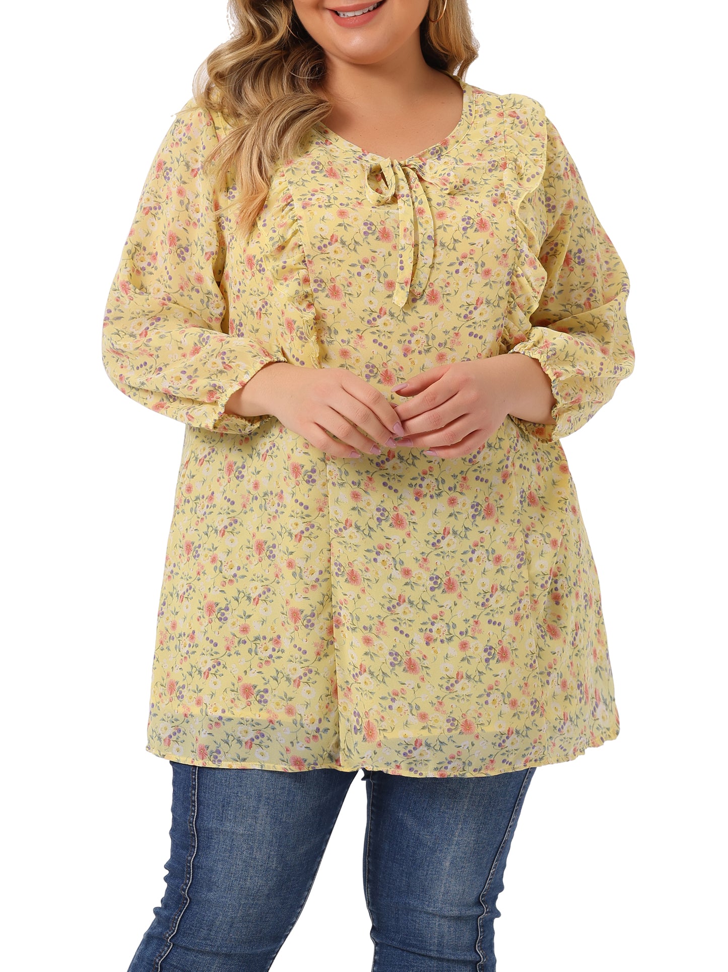 Women's Plus Size Chiffon Short Sleeve Floral Tie Neck Top