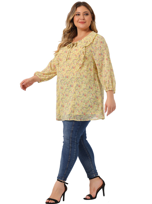 Women's Plus Size Chiffon Short Sleeve Floral Tie Neck Top
