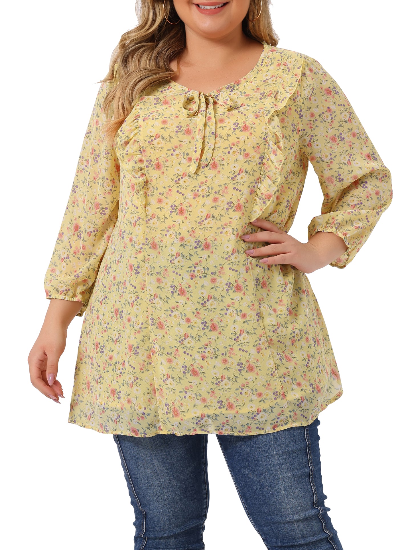 Women's Plus Size Chiffon Short Sleeve Floral Tie Neck Top