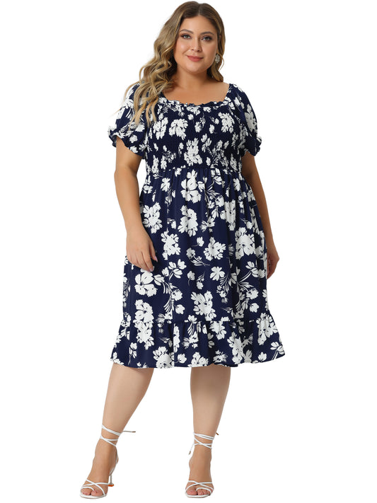 Women Plus Size Dress Ruffle Short Sleeve Flared Flowy Smock Floral Print Dress