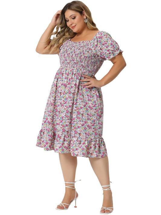 Women Plus Size Dress Ruffle Short Sleeve Flared Flowy Smock Floral Print Dress