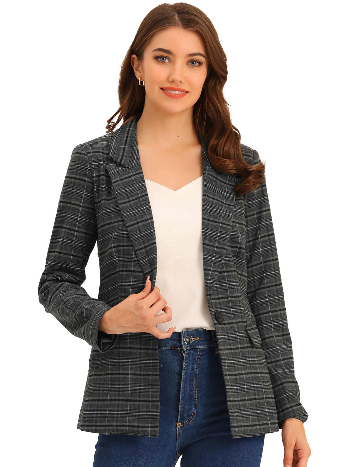 Women's Notched Lapel One Button Plaid Blazer Suit Jacket