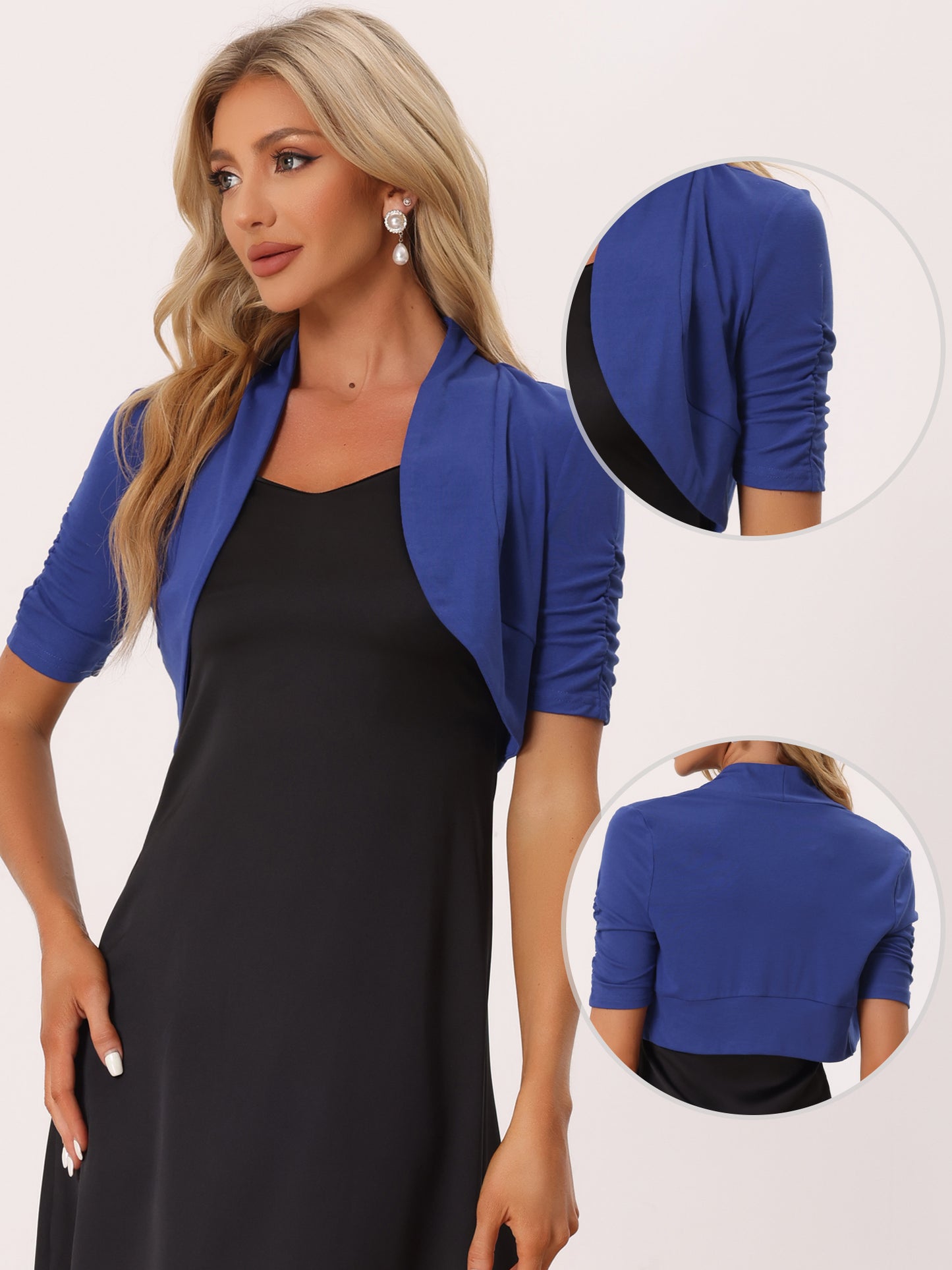 Women's Short Sleeve Shrugs Ruched Sleeve Open Front Cropped Bolero Cardigan