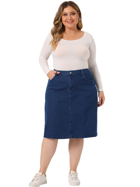 Women Plus Size Jean Skirt Classic Basic 4-Pocket Denim Pencil Skirt with Slit