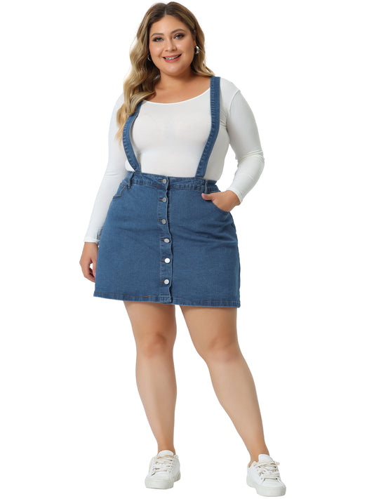 Women Plus Size Suspender Skirt Adjustable Strap Cross Back Mini Denim A-Line Overall Dress
