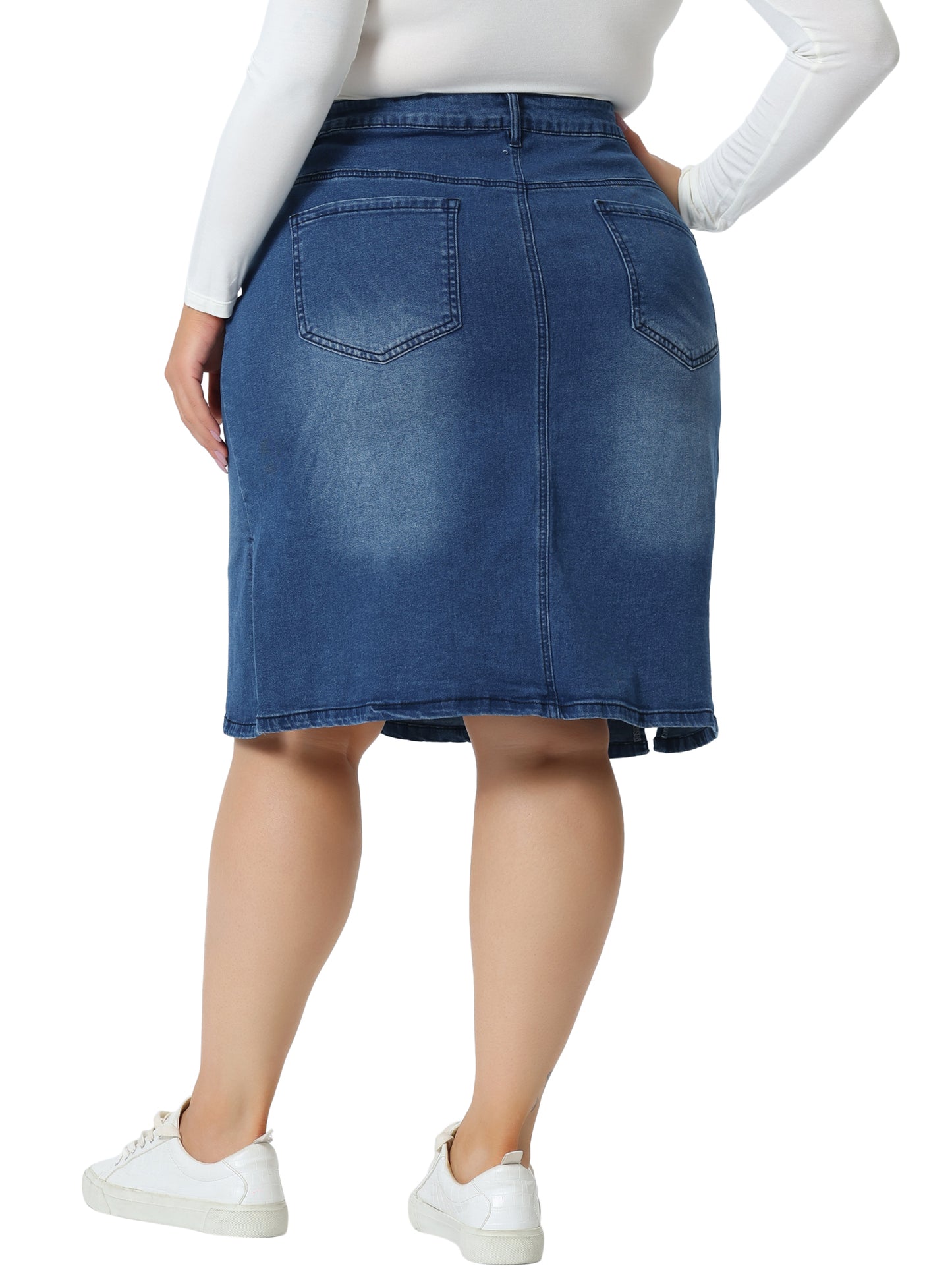 Women Plus Size Denim Skirt Classic Stretch Elastic Waist Side Split A Line Jean Skirt