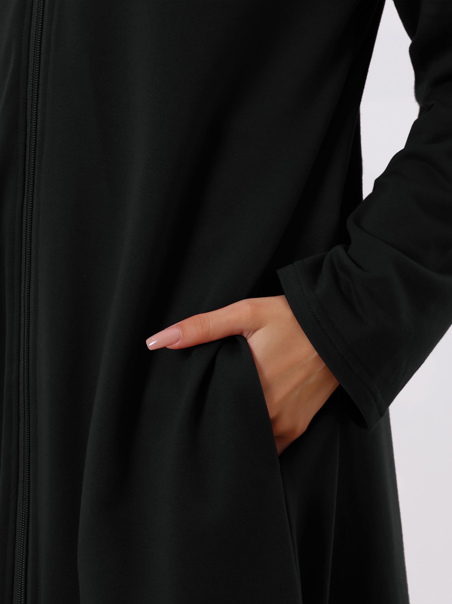 Bata de baño con capucha y cremallera para mujer, vestido de manga larga con bolsillos
