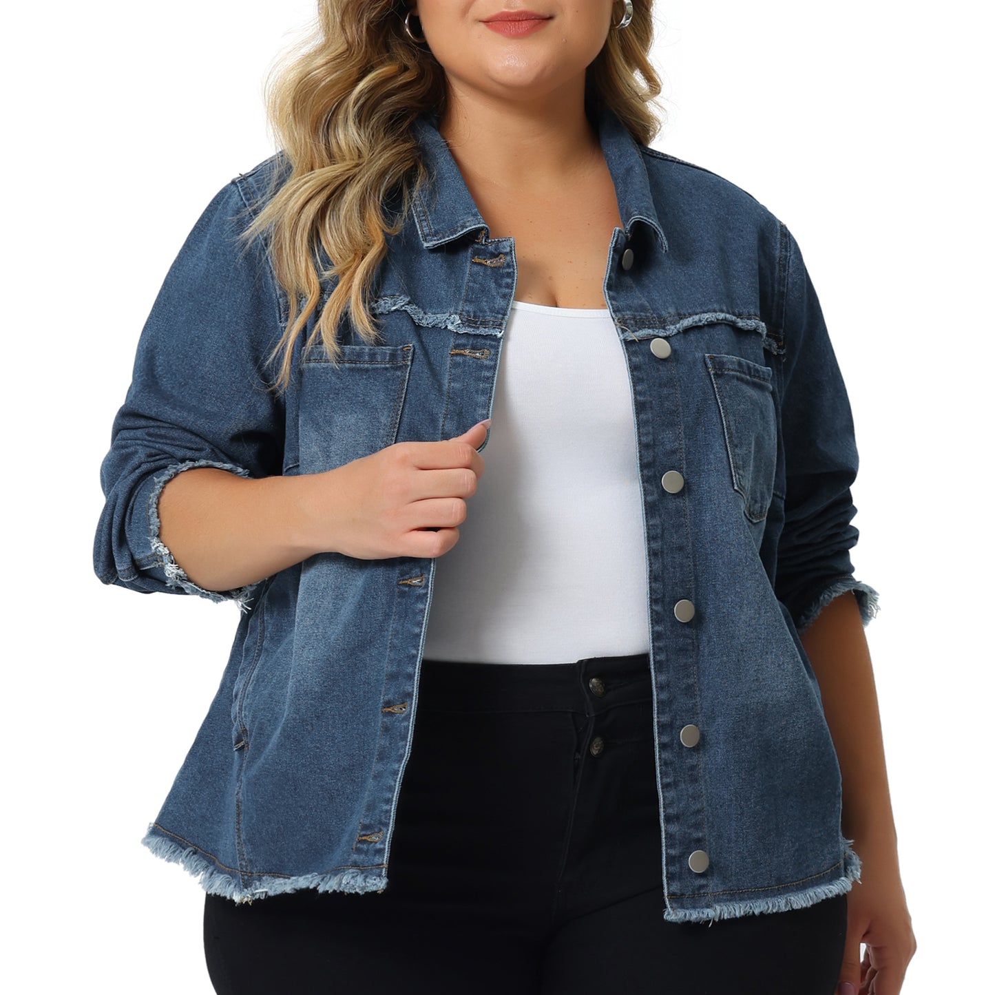 Women Plus Size Denim Jacket Frayed Hem Classic Washed Denim Jean Jacket