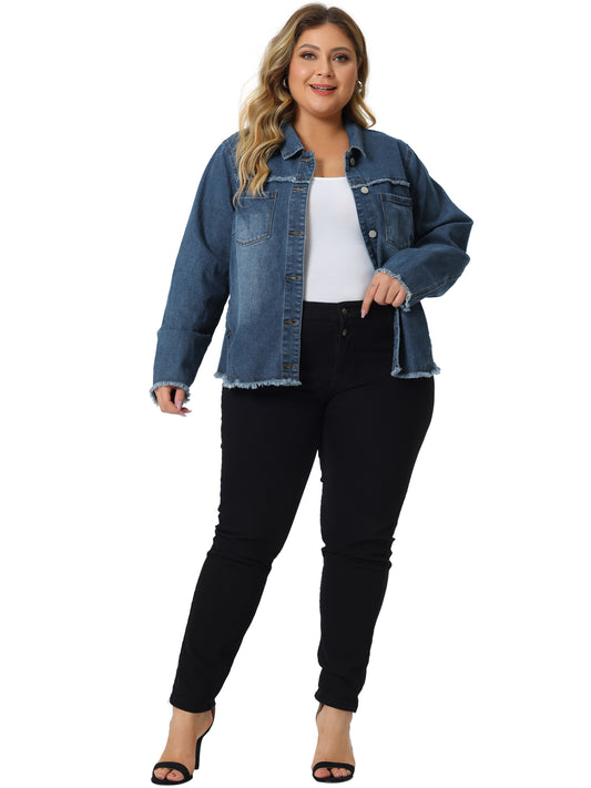 Women Plus Size Denim Jacket Frayed Hem Classic Washed Denim Jean Jacket