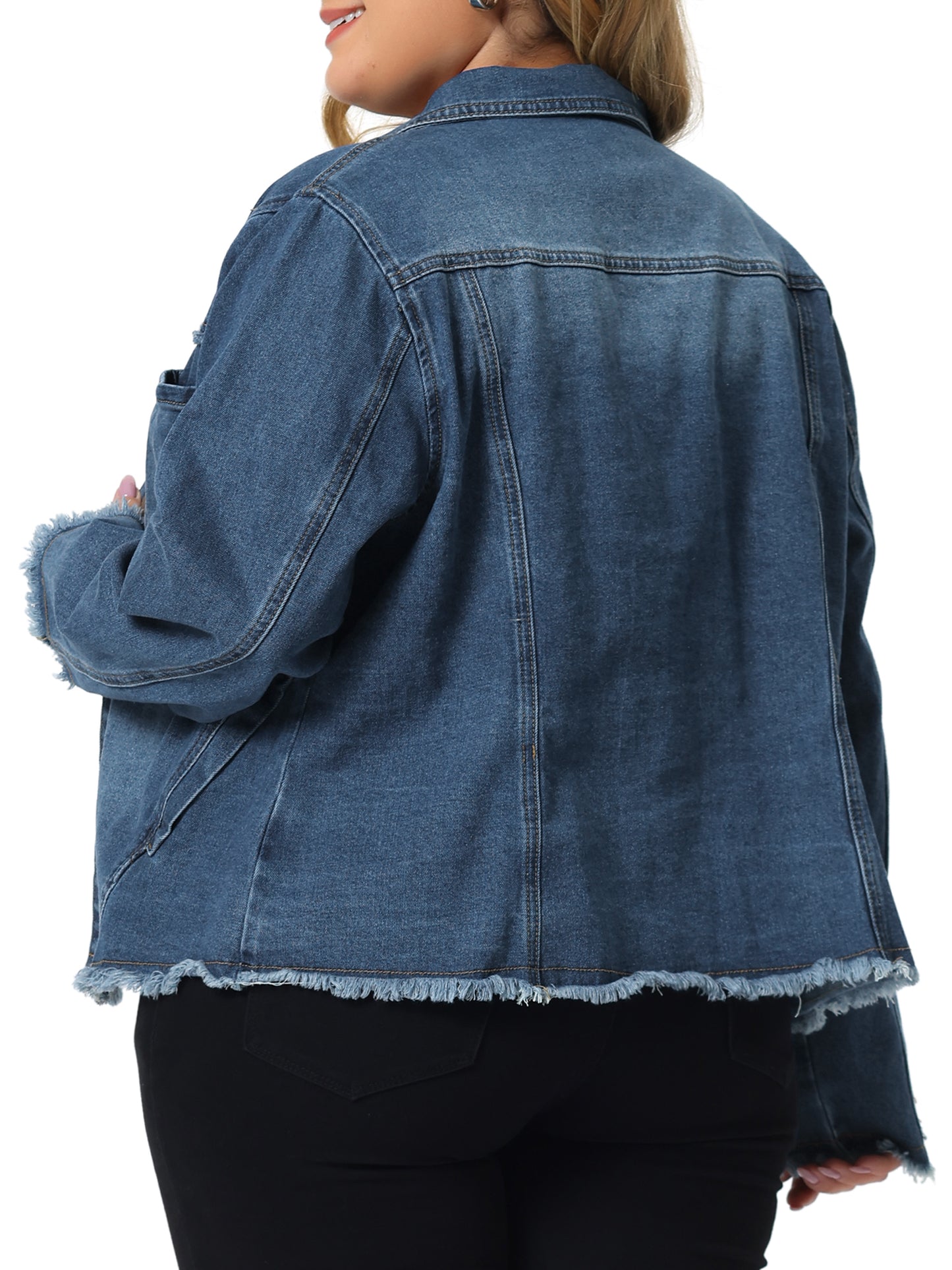 Women Plus Size Denim Jacket Frayed Hem Classic Washed Denim Jean Jacket