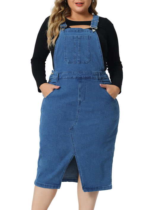Mono vaquero clásico de talla grande para mujer, con tirantes ajustables y abertura en el bajo.