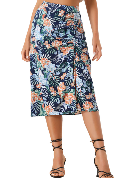 Women's Summer Beach Ruched Split Thigh Tropical Skirt