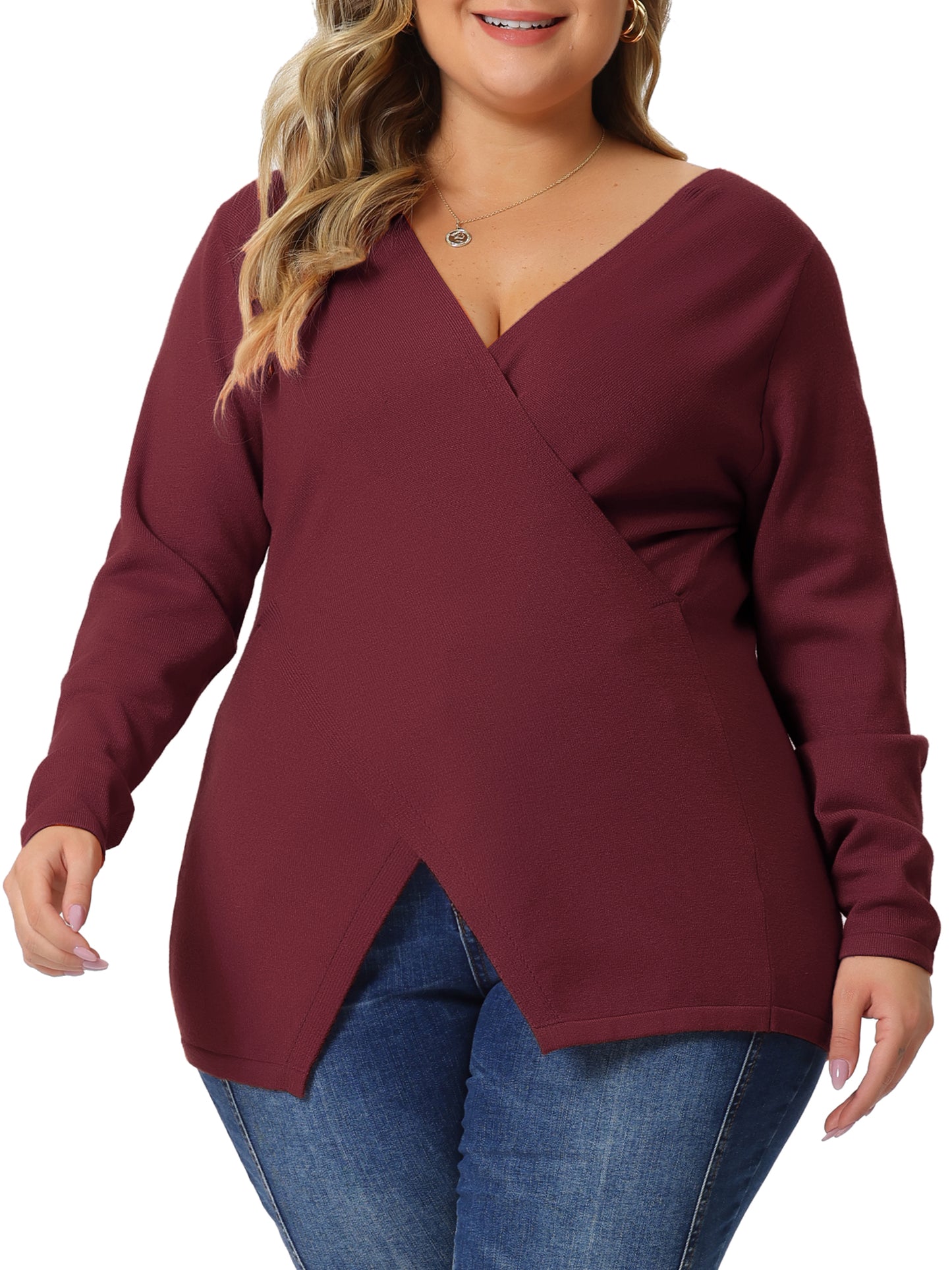 Women Plus Size Knit Top Wrap V Neck Criss Cross Long Sleeve Asymmetrical Sweater