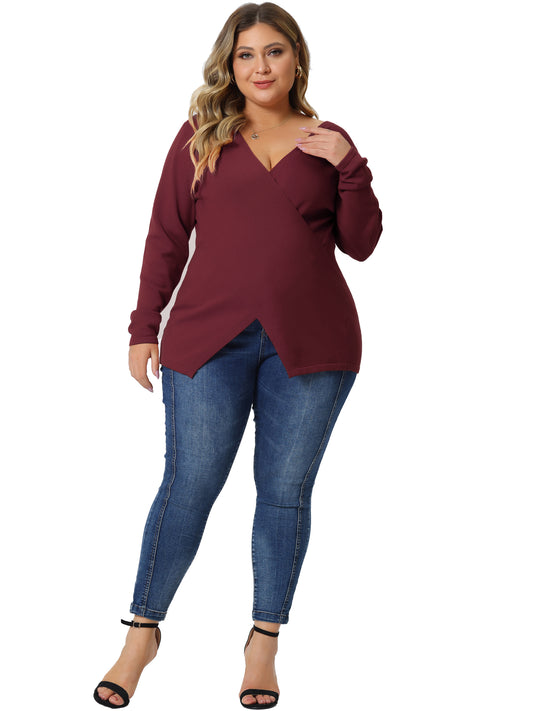 Women Plus Size Knit Top Wrap V Neck Criss Cross Long Sleeve Asymmetrical Sweater