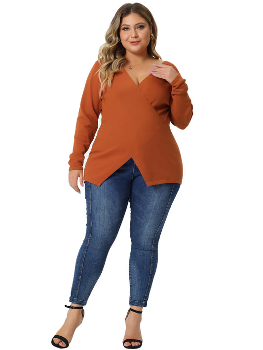 Women Plus Size Knit Top Wrap V Neck Criss Cross Long Sleeve Asymmetrical Sweater