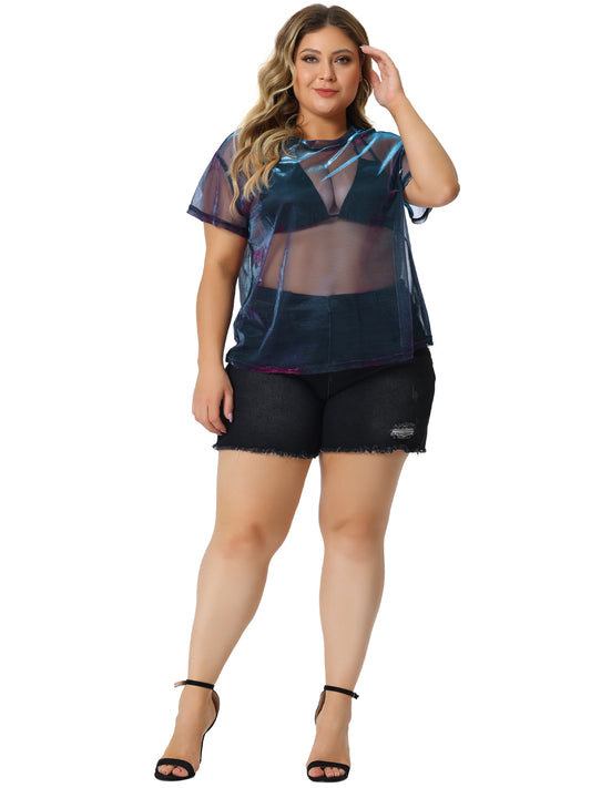 Women Plus Size Party Top Sheer Mesh Holographic See Through Sexy Top