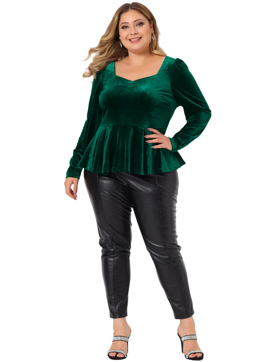 Women Plus Size Velvet Top Long Sleeve Sweetheart V Neck Peplum Blouse